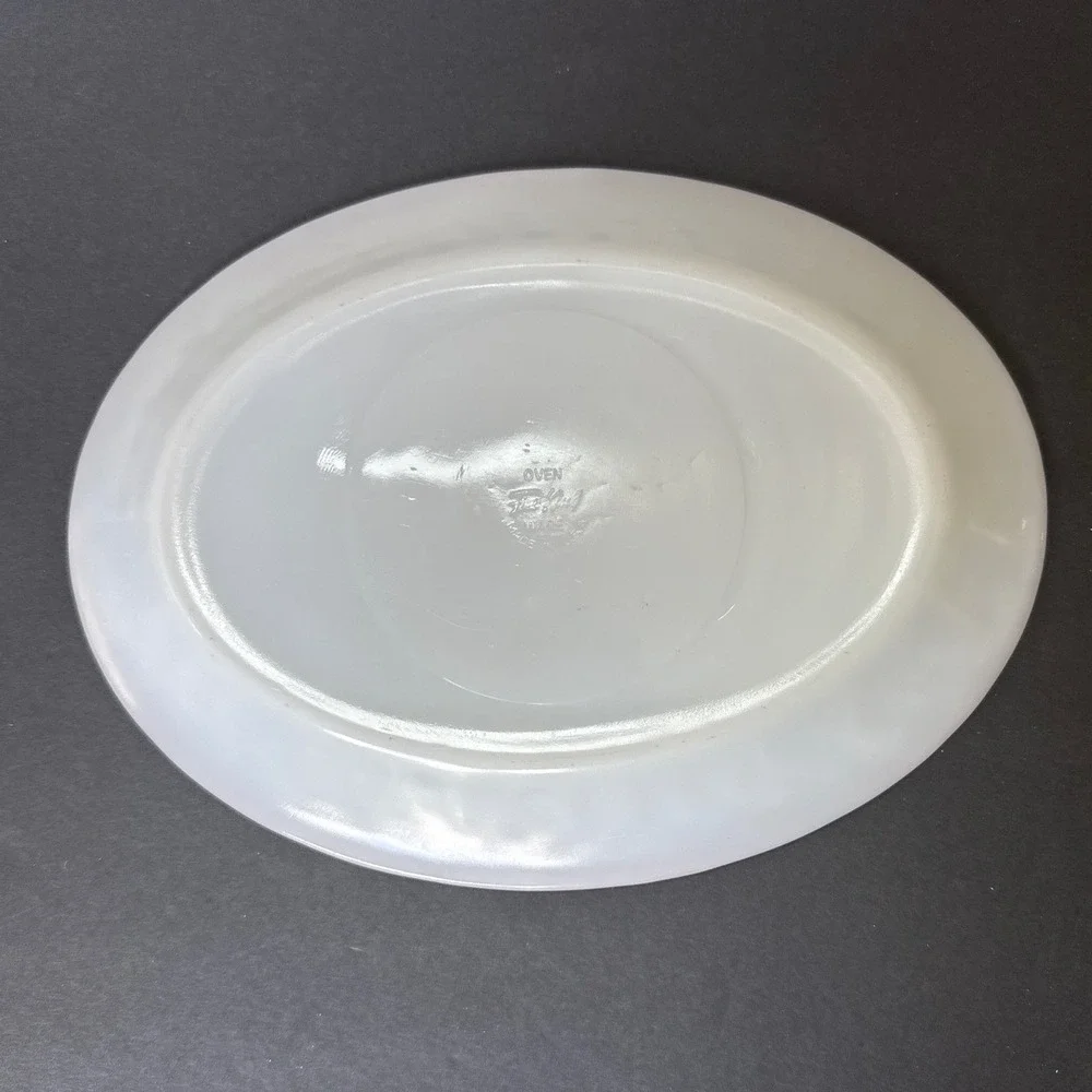 Vintage Fire-King Milk Glass Swirl Oval Platter Gold Gilt Trim 12 Inch White